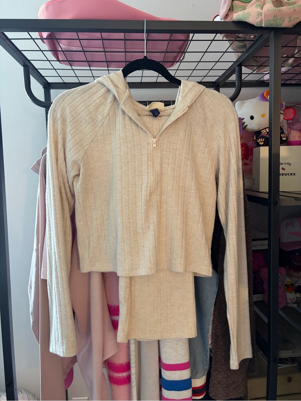 Universal Thread Cream Ribbed Half-Zip Hoodie Sweater